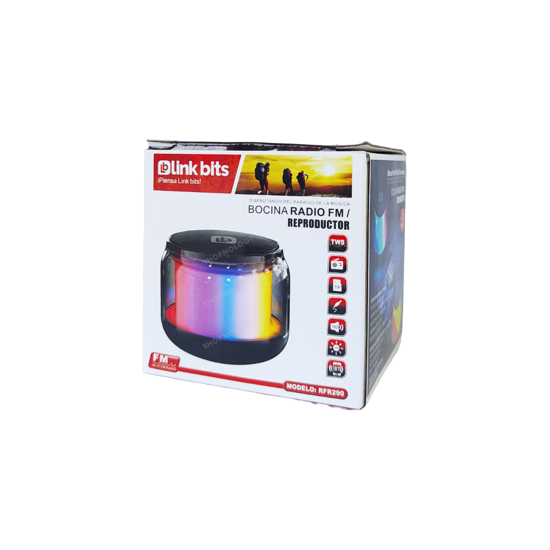 Bocina portable de 2 pulgadas, con luces LED y diseño elegante.