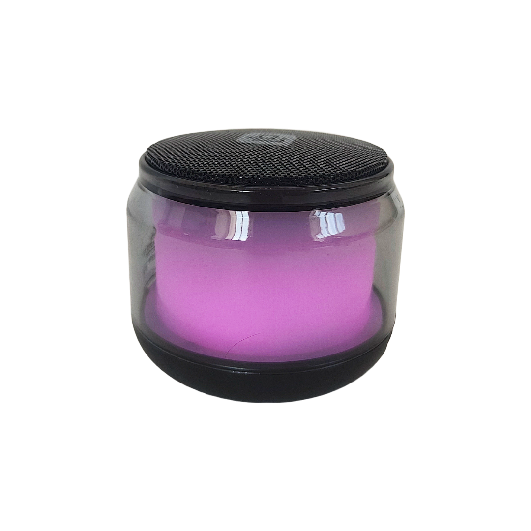 Bocina portable de 2 pulgadas, con luces LED y diseño elegante.