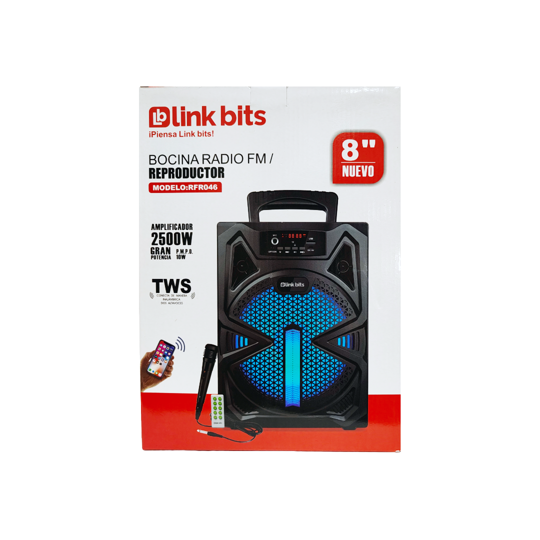 Bocina bluetooth de 8 pulgadas con control remoto y microfono.