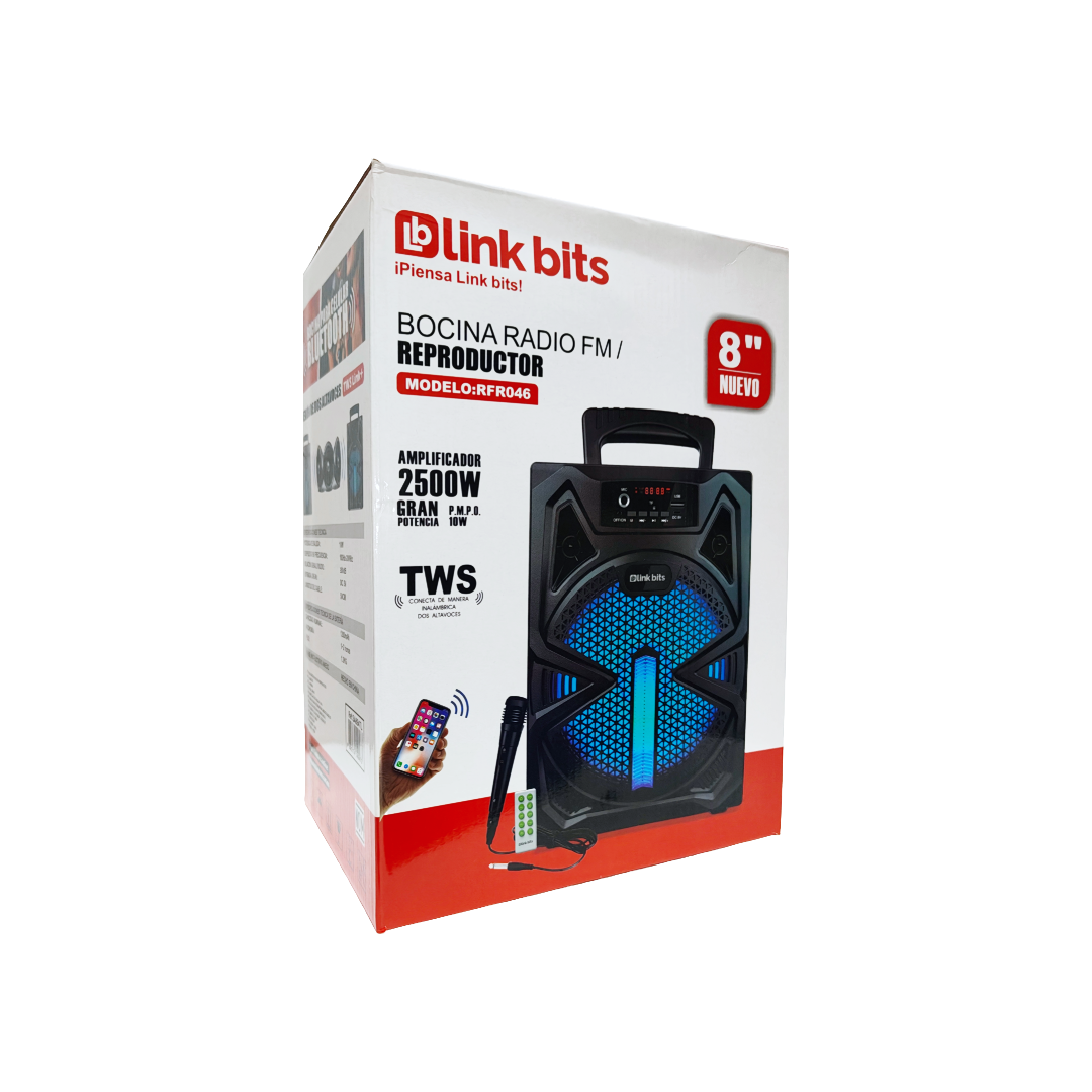 Bocina bluetooth de 8 pulgadas con control remoto y microfono.