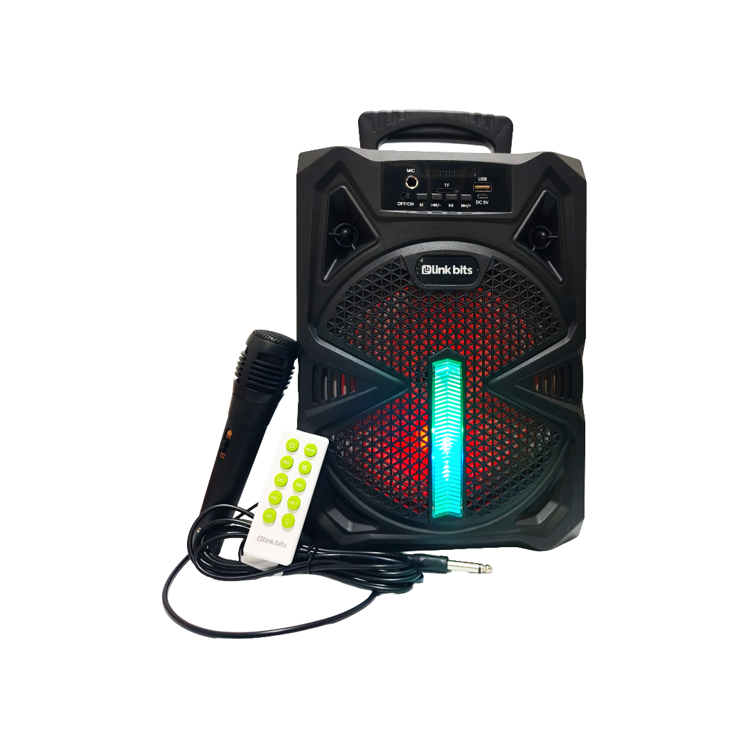 Bocina bluetooth de 8 pulgadas con control remoto y microfono.
